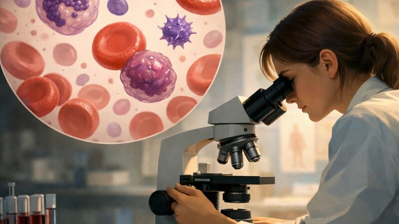 Análise detalhada das células sanguíneas por microscópio óptico composto